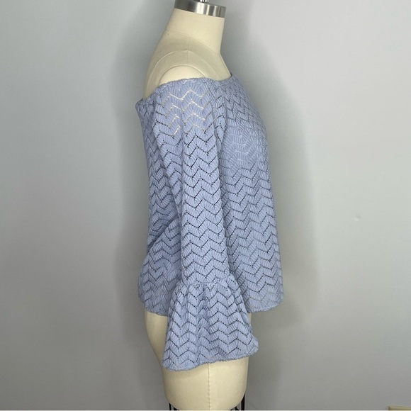 English Factory Off the Shoulder Lace Bell Sleeve Top- Light Blue- Size Small - Picture 4 of 6